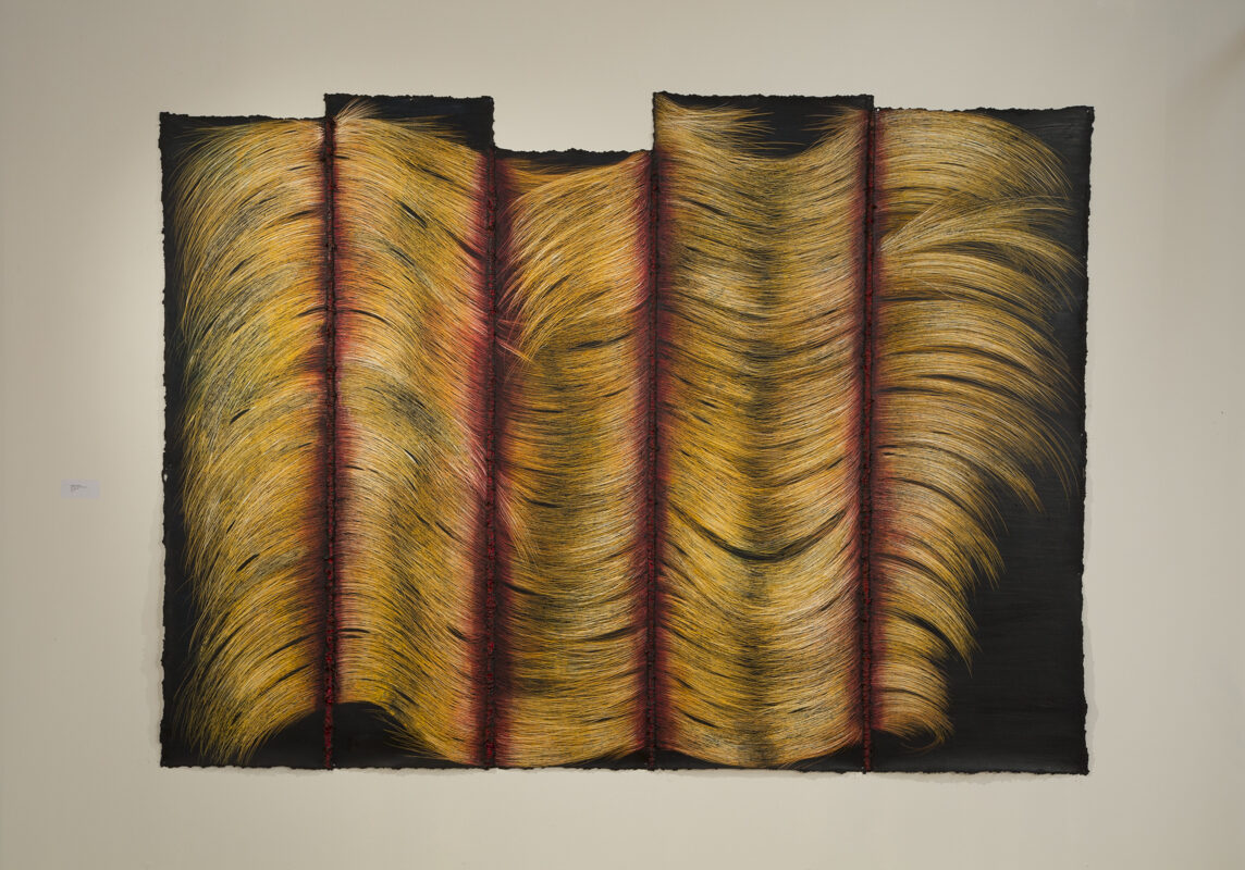 Photograph of abstract yellow, brown and red painting with vertical linear sections, by artist Heloisa Pomfret, resident at GlogauAIR 2019